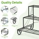 Three-tier outdoor metal garden planter holder shelf showcasing a sturdy steel construction with elegant curved legs.