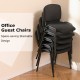 Stacked office guest chairs with padded cushions and metal frame, designed for space-saving in conference rooms.