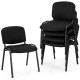 Black office chairs with padded cushions and metal frames, stackable for space-saving in conference rooms.