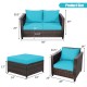 Cushioned rattan loveseat and single sofa set in turquoise, ideal for outdoor relaxation and gatherings.
