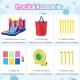 Inflatable bounce house accessories including storage bag, blower, stakes, and repair kit for kids' fun and safety.