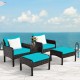 5-piece patio rattan sofa set with turquoise cushions, including 2 sofas, 2 ottomans, and a glass-top tea table for.