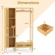 Bamboo clothing rack with cabinet, drawers, and hanging rod, featuring dimensions and ample storage for organization.