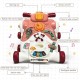 Multifunctional activity panel of the pink 3-in-1 baby sit-to-stand walker, featuring toys, piano keys, and engaging.