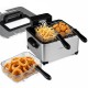 Electric deep fryer with three baskets, 5.3-Qt capacity, LED touch screen, and six presets for versatile cooking.