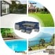 7-piece patio rattan dining furniture set with navy cushions, perfect for outdoor relaxation on the patio or poolside.