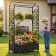 Self-watering planter box with lattice trellis and roof, featuring vibrant flowers and a child watering plants in a.