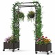 Self-watering planter boxes with lattice trellis and roof in brown, ideal for vibrant plant growth on patio or garden.