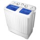 Compact twin tub washing machine with blue accents, featuring separate timer controls for wash and spin operations.