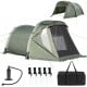5-7 person inflatable camping tent in green with screened porch, mesh windows, and included hand pump for easy setup.