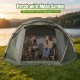 Inflatable camping tent with screened porch, accommodating 5-7 people, ideal for storing gear and ensuring ventilation.