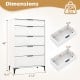 5-drawer dresser in white with interlock system, removable legs, and rustic wood grain finish for bedroom storage.