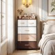 5-drawer fabric dresser in multicolor with removable bins, featuring a sturdy metal frame for bedroom or living room.