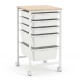 5-drawer rolling storage cart with wooden tabletop, white drawers, and lockable wheels for versatile organization.