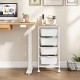 5-drawer rolling storage cart with wooden tabletop, lockable wheels, and white drawers for versatile office.