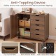 5-drawer storage cabinet on wheels in brown with adjustable shelf, cut-out handles, and anti-toppling device for safety.