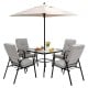 Square patio umbrella with beige canopy and four sturdy chairs, perfect for backyard or poolside relaxation.
