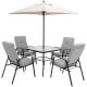 Square patio table with beige umbrella and four gray chairs, perfect for backyard or poolside relaxation.