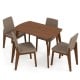 Light brown upholstered chair with padded backrest and seat, designed for comfort and stability in dining settings.