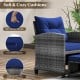 Close-up of navy cushions with zippers on a 5-piece patio rattan furniture set, ideal for outdoor relaxation.