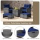 5-piece patio rattan furniture set with navy cushions, including 2 ottomans and a tempered glass coffee table for.