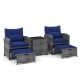 5-piece patio rattan furniture set with navy cushions, including 2 chairs, 2 ottomans, and a tempered glass coffee.