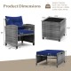 Dimensions of the 5 Piece Patio Rattan Furniture set with navy cushions, including chairs, ottomans, and coffee table.