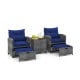 Two navy cushioned chairs with ergonomic design in a gray rattan patio set, ideal for backyard or balcony relaxation.