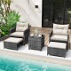 5-piece patio rattan furniture set featuring gray rattan chairs, ottomans, and a tempered glass coffee table for.