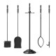 5-piece fireplace tool set with poker, tongs, brush, and shovel in black metal, ideal for wood-burning and gas.