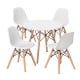 Kids mid-century modern table and chairs set with white seats and wood legs, perfect for play and learning activities.