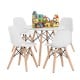 Mid-century modern kids' table and chair set with white seats and wood legs, perfect for play and learning activities.