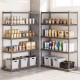 5-tier metal shelving unit with adjustable shelves, holding jars and bins, ideal for garage or warehouse storage.