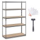 5-tier garage shelving unit with adjustable MDF shelves, metal frame, and included mallet and gloves for easy assembly.