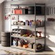 5-tier metal shelving unit with adjustable shelves, holding tools and supplies, ideal for garage or warehouse storage.