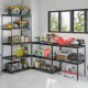 5-tier heavy-duty metal shelving unit with adjustable wire racks, organized tools and supplies for garage or workshop.