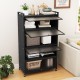 5-tier black kitchen storage cabinet with flip-up doors, adjustable feet, and hooks for organizing utensils and.
