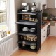 5-tier black kitchen storage cabinet with flip-up doors, adjustable feet, and hooks for organizing utensils.
