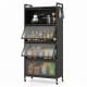 5-tier black kitchen storage cabinet with 4 flip-up doors, rolling wheels, and hooks for versatile organization.