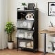 5-tier black kitchen storage cabinet with 4 flip-up doors, rolling wheels, and adjustable feet for versatile organization.
