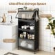 5-tier black kitchen storage cabinet features 4 flip-up doors, adjustable feet, and rolling wheels for versatile organization.