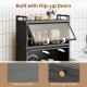 5-tier black kitchen storage cabinet featuring 4 flip-up doors, fluted decoration, and easy-to-grip handles for convenience.