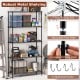 Close-up of the robust metal shelving unit's V-shaped mesh design, featuring adjustable foot pads and hooks for.