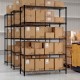 5-tier black metal storage shelving unit with adjustable shelves, ideal for garage or basement organization.