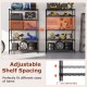 Adjustable shelves of the black 5-tier metal storage shelving unit, designed for versatile organization in various.