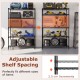 5-tier black metal storage shelving unit with adjustable shelves, ideal for garage or kitchen organization.