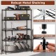 5-tier black metal shelving unit with adjustable shelves and V-shaped wire racks, ideal for garage or basement storage.