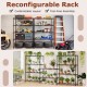 V-shaped wire racks of a 5-tier black metal shelving unit, providing adjustable support for various sized items.