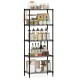 5-tier black metal storage shelving unit with adjustable shelves, ideal for organizing kitchen and pantry items.