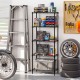 5-tier black metal storage shelving unit with adjustable shelves and V-shaped wire rack, ideal for garage organization.
